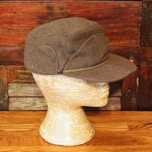 1952 Olive Drab Wool 2 Vintage Men&#39;s Caps Elmer Fudd Caps by BUFFALO CAP CO. with Ear Flaps, Made in Winnepeg Canada, Size 7-1/8 & 7-1/4