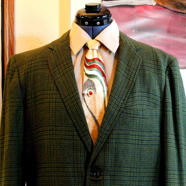 Vintage 1960's PENNEY'S TOWNCRAFT Preppy Wool Green Checked Men's Sport Coat Made in USA, 40 R