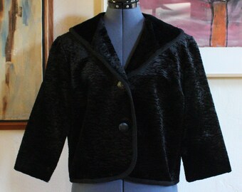 40% Off! 1960's Black Glam Shawl Collar Cropped Vintage Jacket Vintage Coat by SPECIALTY HOUSE FASHION Made in U.S.A., Size Medium