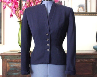 Gabardina de los años 40-50 Hermosa y rara chaqueta de mujer vintage forrada de seda azul oscuro, sin marca, 36 X 26 X 36