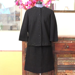 1960&#39;s BUTTE KNIT Black Two-Piece Vintage Sweater Skirt Set Suit with Bead Work and Lurex Thread, Size 8
