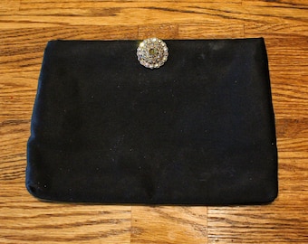 1950's-60's Black Taffeta Women's Clutch by INGBER with Rhinestone Encrusted Brass Kiss-Me Clasp, 6" X 9", Made in USA