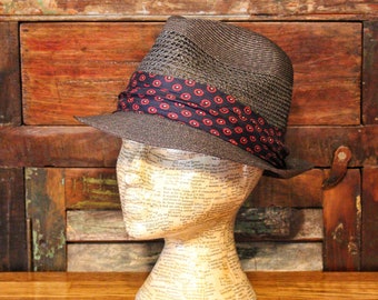 1960's-70's Gray Woven Straw Vintage Men's Stingy Brim Fedora by KNOX Premiere Quality with 2" Rayon Hat Band, Inner Leather Band, 7 - 56