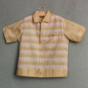 1960's Like New Linen Muted Yellow and White Striped Custom Made Vintage Men's Shirt Jack from VICTOR-DAVID Chicago, MEDIUM