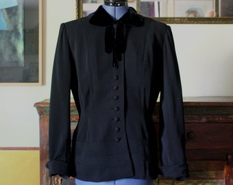 1940's-50's Black Gabardine Ten Button Silk Lined Vintage Women's Jacket from WILEY-SAMUELSON ORIGINAL with Satin Collar, Size 10