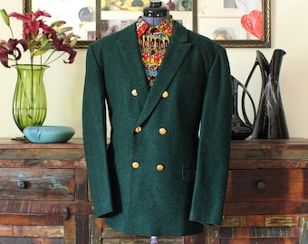 1950's-60's Heavy Green Wool Vintage Men's Sport Coat, HIGH CLASS Hienry's Tailor Taiwan, Double Breasted with Brass Buttons, 38 S
