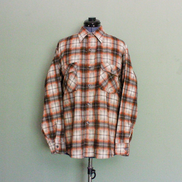 1970's Half Cotton Half Polyester Shadow Plaid Vintage Men's Shirt from SEARS with 2 Single Button Flapped Front Pockets, Perma-Prest, LARGE