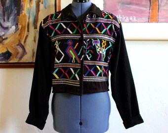 Black Duck Cloth Cropped Southwestern Vintage Women's Jacket from TROPICAL Woven Mexican/Native American Inspired Figurals, Size 10
