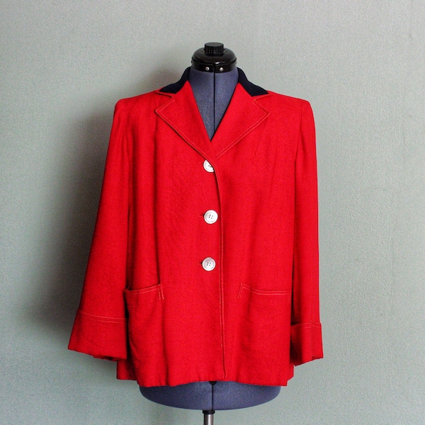 15 % DE RÉDUCTION ! Années 1940's-50's rouge, lin irlandais résistant aux plis, veste femme vintage MOYGASHEL doublée de soie avec boutons ormeau, taille 8