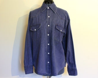 1960's-70's Indigo Blue 100% Cotton Vintage Men's Cowboy Shirt Men's Western Shirt KING ARTHUR with White Snaps, Made in Hong Kong, Large