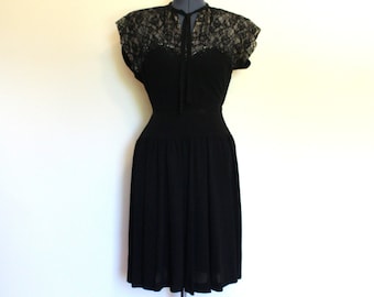 1950's-60's Black Vintage Evening Dress Cocktail Dress Party Dress, Nylon with Beaded Lace Adornments, Unbranded, 34 X 26 X 34