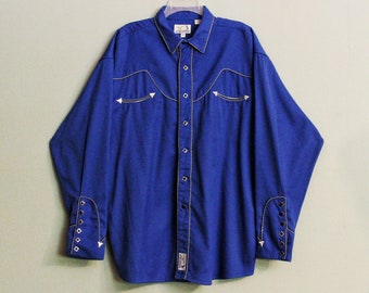 Retro Heavy Cotton & Polyester Bright Blue Men's Cowboy Shirt from PANHANDLE SLIM with Black Diamond Snaps, Barber Pole Piping, XL