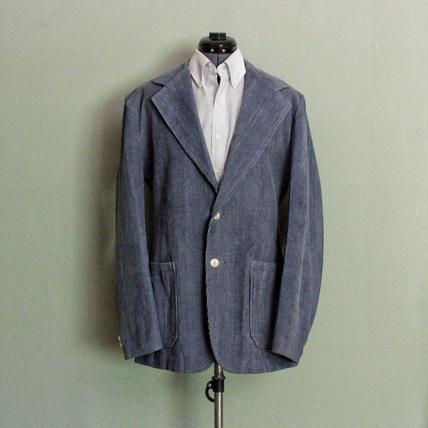 1970's Blue Corduroy Vintage Men's Jacket Men's Sport Coat from JCPENNEY TOWNCRAFT with Patch Pockets, Hippie Lapels & Cut, 40 L