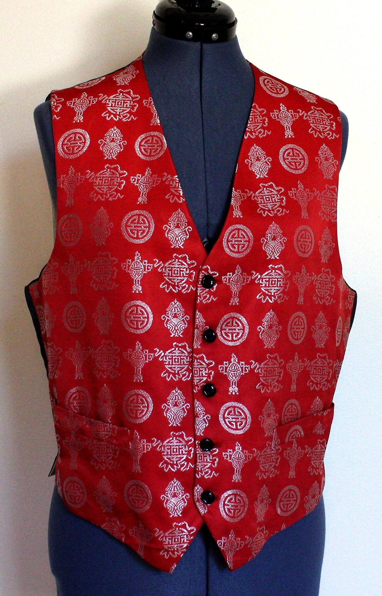 1960's Red With Silver Asian Inspired Pattern Jacquard Vintage Men's Vest, Two Pockets, Contrasting Rear Fabric, White Rayon Lined, Size 40 - Etsy 1960's Red With Silver Asian Inspired Pattern Jacquard Vintage Men's Vest, Two Pockets, Contrasting Rear Fabric, White Rayon Lined, Size 40 - Etsy