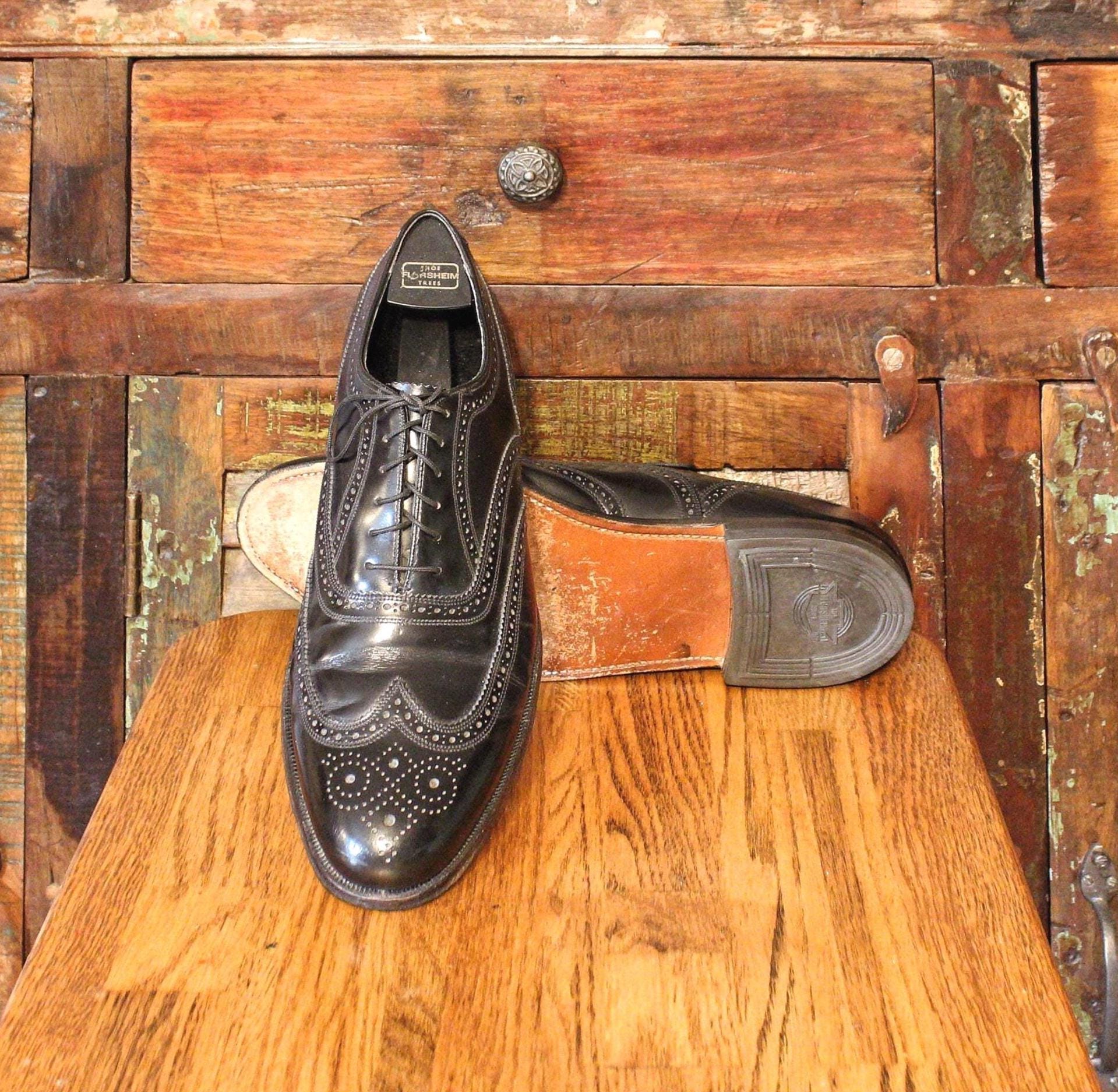 1960's Black Leather Vintage Men's Wingtip Oxford Shoes by FLORSHEIM 625102 20330, with Original Shoe Trees, 12 B