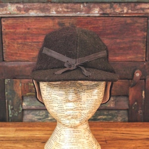 1940&#39;s-50&#39;s Dark Brown Wool Vintage Men&#39;s Cap Boy&#39;s Hat with Fold-In Ear Flaps, Elmer Fudd Hat, Chintz Lined, Size 6-3/4