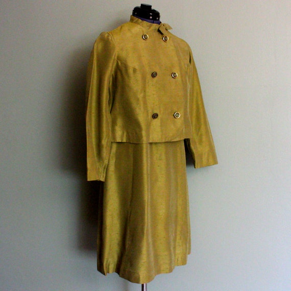 1960's Raw Silk Chartreuse Vintage Cocktail Dress… - image 3