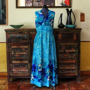 1960's-70's Cotton & Polyester Blue Floral Vintage Women's Hawaiian Dress Aloha Dress Tiki Dress Mumu from TROPICANA HAWAII, 36" X 30"X 44"