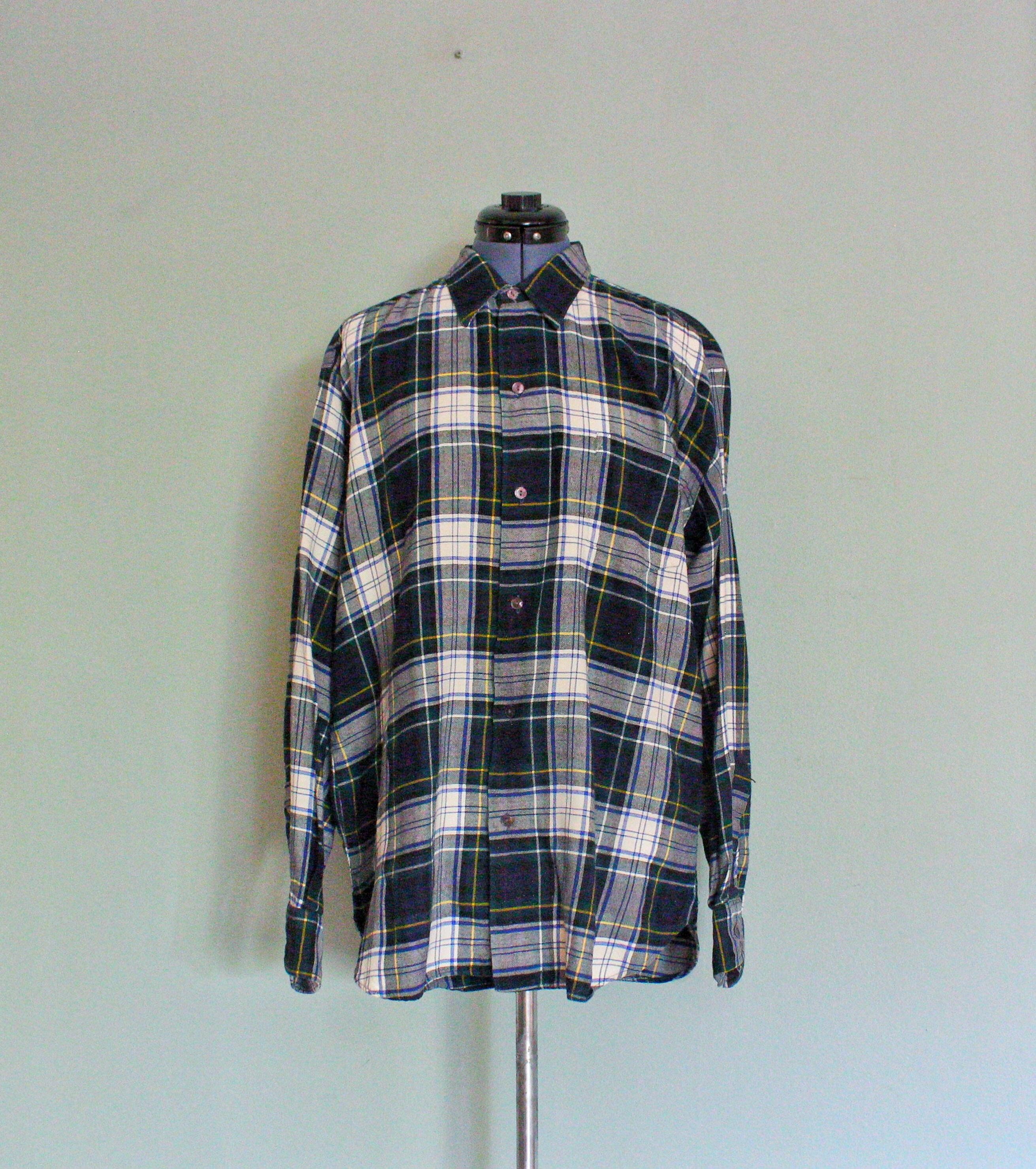 Vintage 60s Rayon Shadow Plaid Loop Collar Shirt Hombre