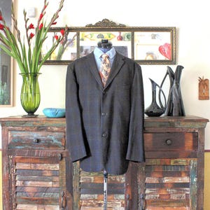 1950&#39;s Muted Brown & Blue Wool Shadow Plaid 3 Button Vintage Men&#39;s Sport Coat by CAMPUS &quot;Fine Tailored Sportswear&quot;, Made in USA, 42 R