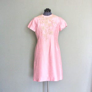 1960&#39;s-70&#39;s Pink 2-piece A-Line Vintage Dress & Jacket Set by SYLVIA ANN with Cap Sleeves, Beaded Front, Frog Closure, Made in USA, Size 8