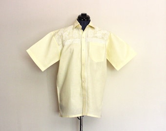 1960&#39;s Pale Yellow with Front & Back White Embroidery Linen Single Needle Vintage Men&#39;s Filipino Wedding Shirt, Size 44