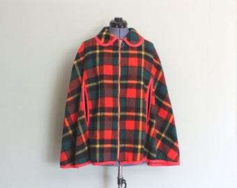 1960&#39;s-70&#39;s Shadow Plaid Wool Blend Vintage Women&#39;s Cape with Metal Zipper, Shawl Collar, Red Cotton Piping, Unbranded, Made in USA, MEDIUM
