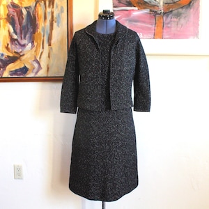 1960's Sophisticated Italian Made Black Wool with Lurex Highlights Vintage Evening Dress Vintage Cocktail Dress with Jacket by MAVIL, Size 6
