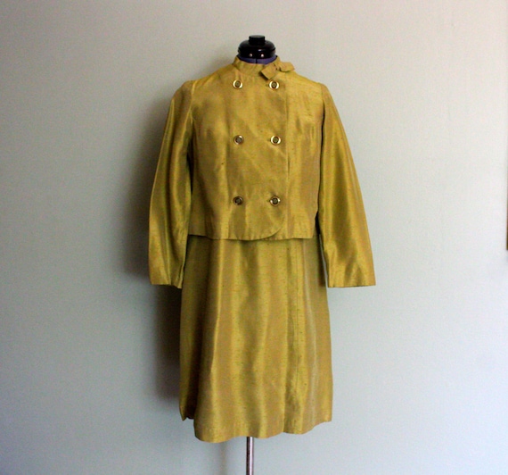 1960's Raw Silk Chartreuse Vintage Cocktail Dress… - image 1