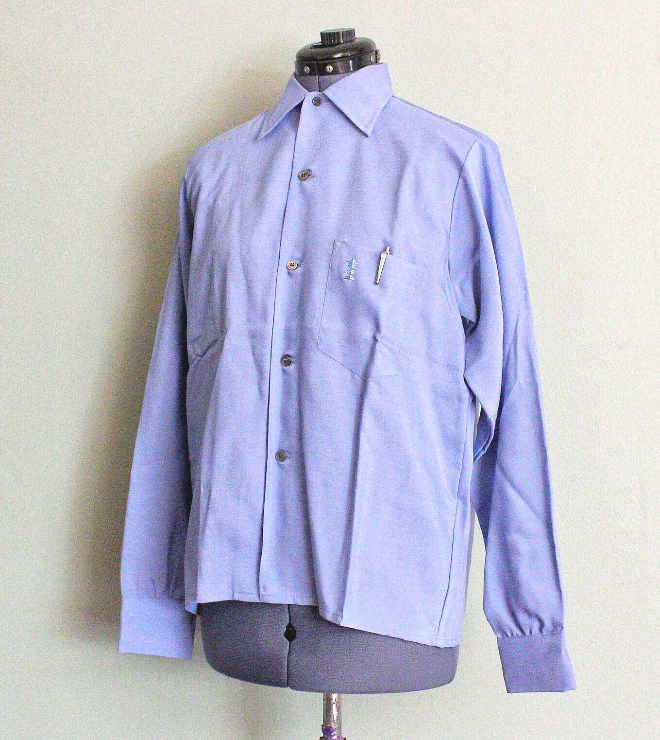 【60’s】rayon gabardine shirt 1960s Rayon Gabardine Shirt: Light Blue Atomic Embroidery, Men's