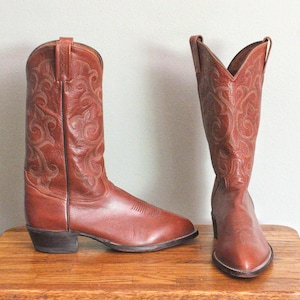 Vintage TONY LAMA bruine leren cowboylaarzen heren westernlaarzen met J-teen, wandelhakken, herenmaat 10-1 / 2 D, damesmaat 12