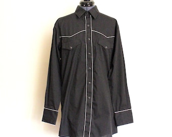Retro Black with White Piping Men&#39;s Cowboy Shirt Western Shirt by WHITE HORSE with Black Snaps, Double Rear Yokes, MEDIUM
