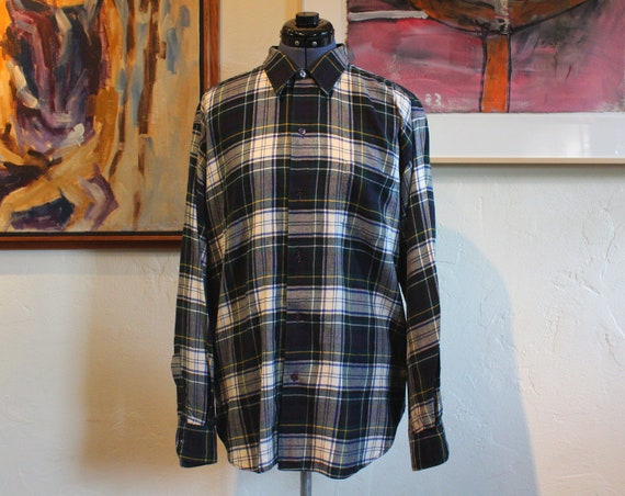 60s Medium Flannel Cotton Shirt Vintage Shadow Plaid