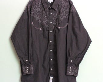 XXL 100% Cotton Black Men&#39;s Cowboy Shirt Western Shirt by PANHANDLE SLIM with Snaps, Arrow Pockets, Extensive Gold Embroidery, Like New