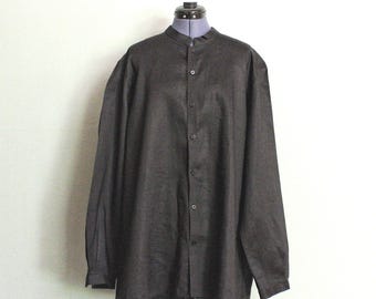 1960&#39;s Like New 100% Linen Vintage Made Shirt Kurta Shirt by BURLINGTON&#39;S Taj Mahal Hotel, Band Collar, Single Needle, Made in India, XL