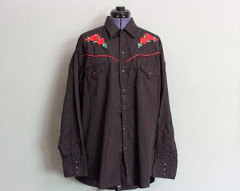 Retro Cotton & Polyester Men&#39;s Cowboy Shirt by ELY CATTLEMAN with Black Snaps, Front and Back Red Rose Embroidery and Piping, XL
