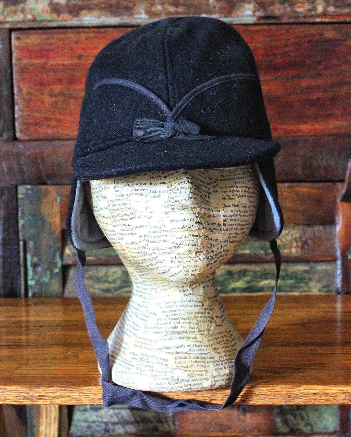 1940's-50's Black Wool Vintage Cap Elmer Fudd Hat With Ear