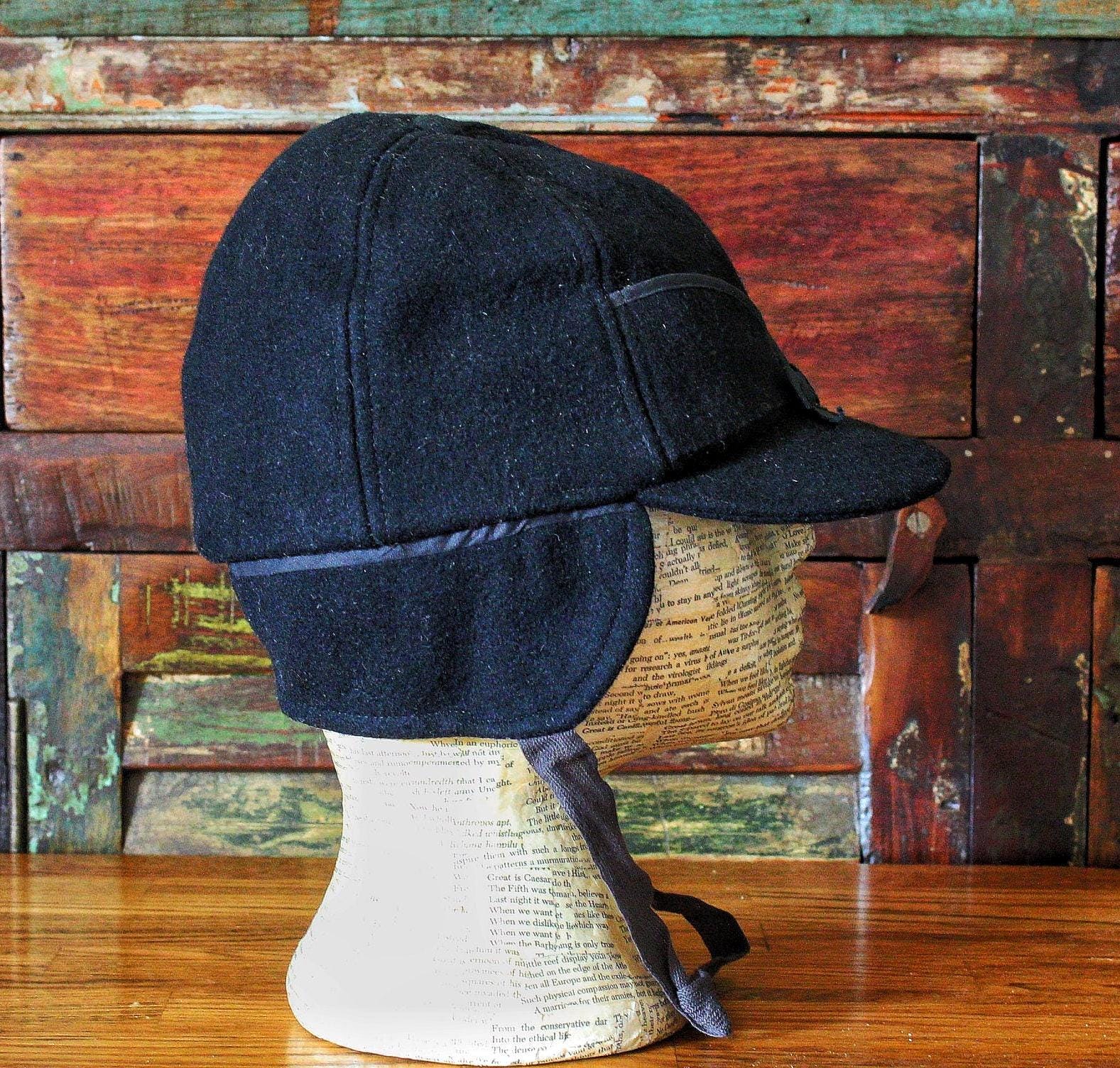 1940's-50's Black Wool Vintage Cap Elmer Fudd Hat With Ear