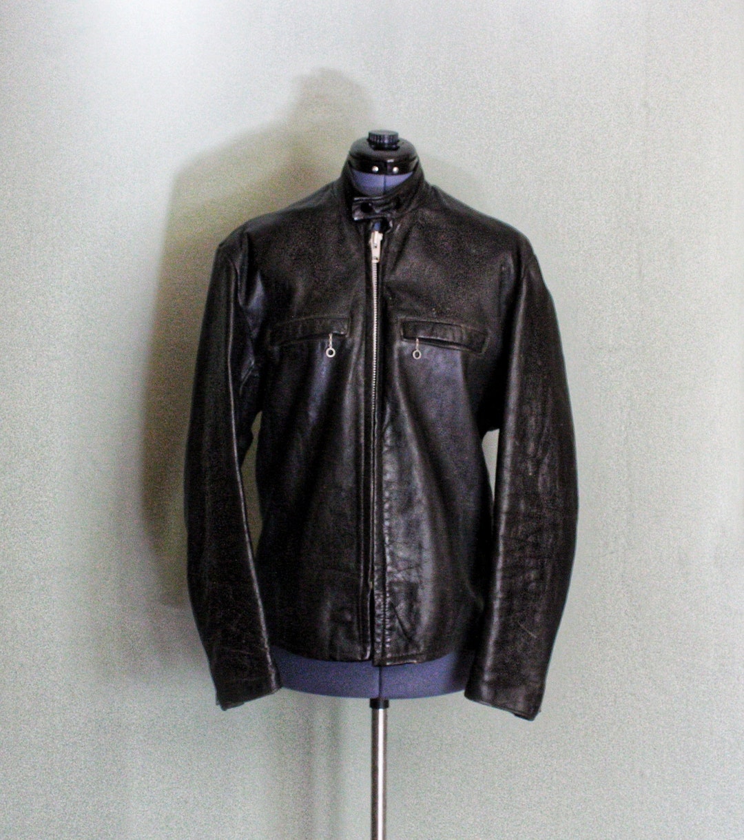 1950's-60's Black Leather Vintage Men's Motorcycle Jacket Cafe Racer by ...