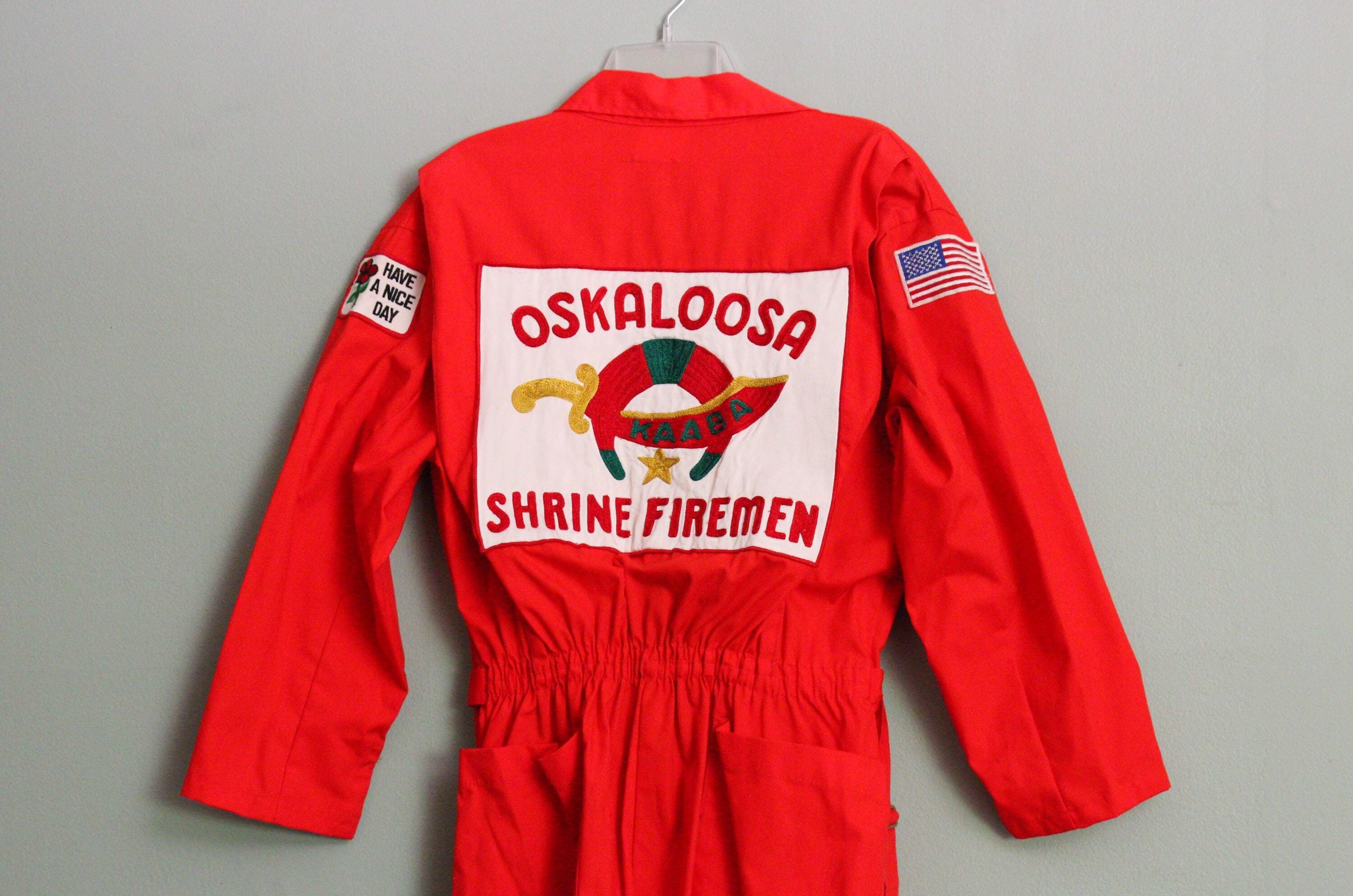 1960's-70's Red Cotton & Polyester Men's Jumpsuit, Shriner's Firemen, by TOPPMASTER, with Rear Patch, Front Zipper, Long Sleeves, LARGE