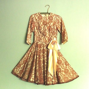 1950&#39;s Brown Lace Over Cream Satin with Gold Ribbon Bow Vintage Party Dress, Unbranded, 36&quot; Bust