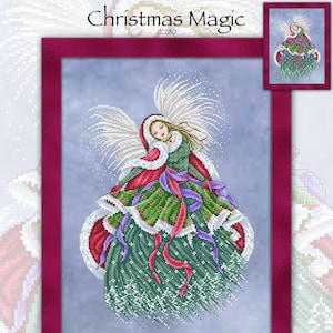 May include: Cross stitch pattern featuring a Christmas angel with a green dress, red cape, and white wings. The angel is surrounded by snowflakes and a snowy background. The pattern is titled "Christmas Magic" and includes the stitch count, finished design size, and designer information.