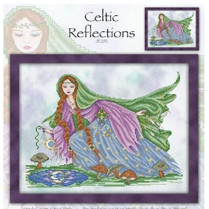 May include: Cross-stitch pattern titled "Celtic Reflections" featuring a woman in a flowing gown with long red hair, a green veil, and a purple cloak. The design includes mushrooms, a pond, and the text "Celtic Reflections". Finished size is 31cm x 23cm.