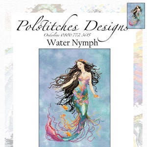 May include: Cross stitch pattern of a mermaid with long flowing brown hair, a floral crown, and a colorful tail. The mermaid is surrounded by orange fish and bubbles. The pattern is titled "Water Nymph" and is available from Polstitches Designs. The stitch size is 134 x 191 and the design size is 9.57 x 13.6 inches on 14/28 count fabric.