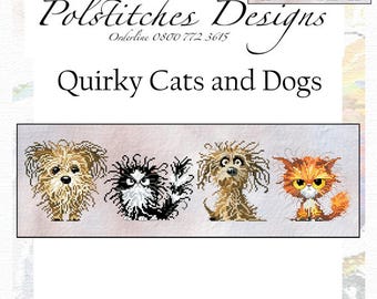 May include: A cross-stitch pattern featuring the text "Quirky Cats and Dogs" above a row of four whimsical animal portraits. The design size is 18.07 x 4.5 inches. The image includes the Polstitches Designs logo and contact information.