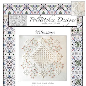May include: Cross stitch pattern for a white and pink floral design with the text "Blessings" and "Polstitches Designs" with a phone number. The stitch count is 82 x 82 stitches.