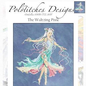 May include: Cross stitch pattern featuring a whimsical fairy with flowing hair and a flowing dress in shades of blue, green, and pink. The pattern is titled "The Waltzing Pixie" and is pictured on a bluebird lugana fabric. The stitch size is 149 x 153 and the design size is 10.64 x 10.9 inches on 14 count fabric.