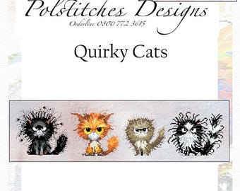 May include: A cross-stitch pattern titled "Quirky Cats" featuring four stylized cat designs in black, orange, gray, and black and white. The design size is 18.4 x 4.3 inches. The image includes the Polstitches Designs logo and website address.