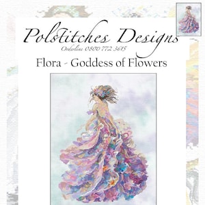 Könnte beinhalten: Kreuzstichmuster mit einer farbenfrohen Illustration einer Frau in einem fließenden Kleid mit Blumen. Der Titel "Flora - Göttin der Blumen" befindet sich oben im Bild. Die Stichgröße beträgt 143 x 193 und die Design-Größe beträgt 10,21 x 13,79 Zoll auf 14/28er Stoff.