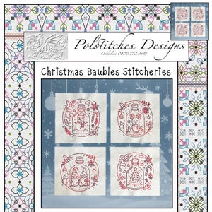May include: A Christmas Baubles Stitcheries design with four embroidered panels. Each panel shows a red embroidered image inside a glass bottle, with festive themes like a snowman, reindeer, gnomes, and a Christmas tree. The design size of each bauble is approx 10cm x 10cm.